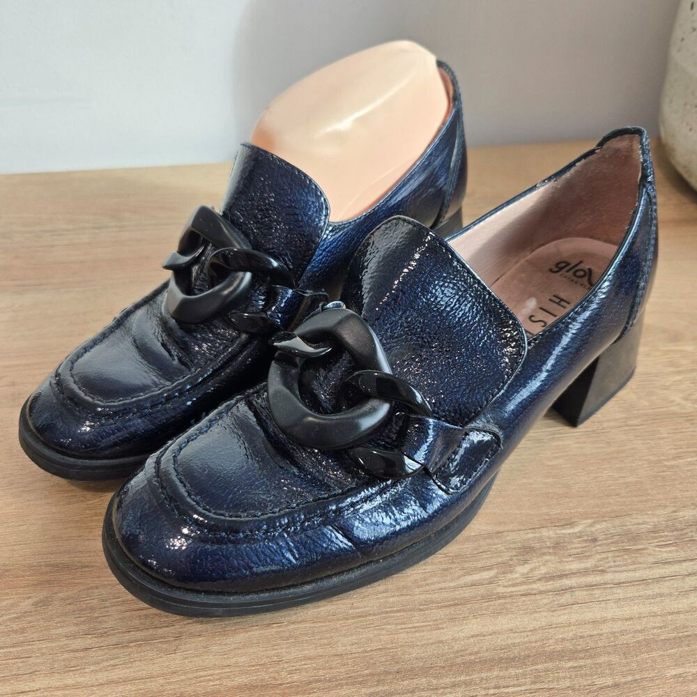 Hispanitas Charlize Blue Patent Leather Loafers 37/6-6.5 Chain Detail 2" Heel